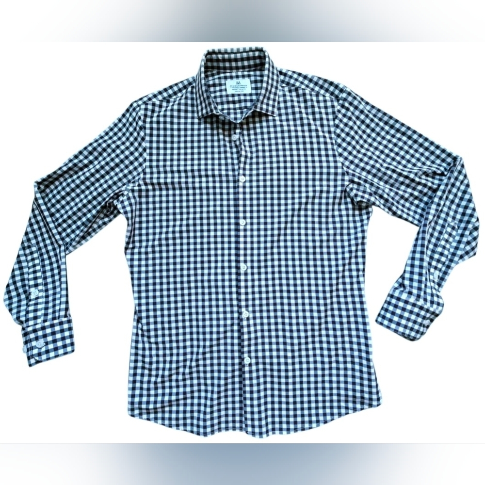 Mizzen + Main Trim Fit Navy/White Gingham Plaid Button Up Shirt Mens Size Medium